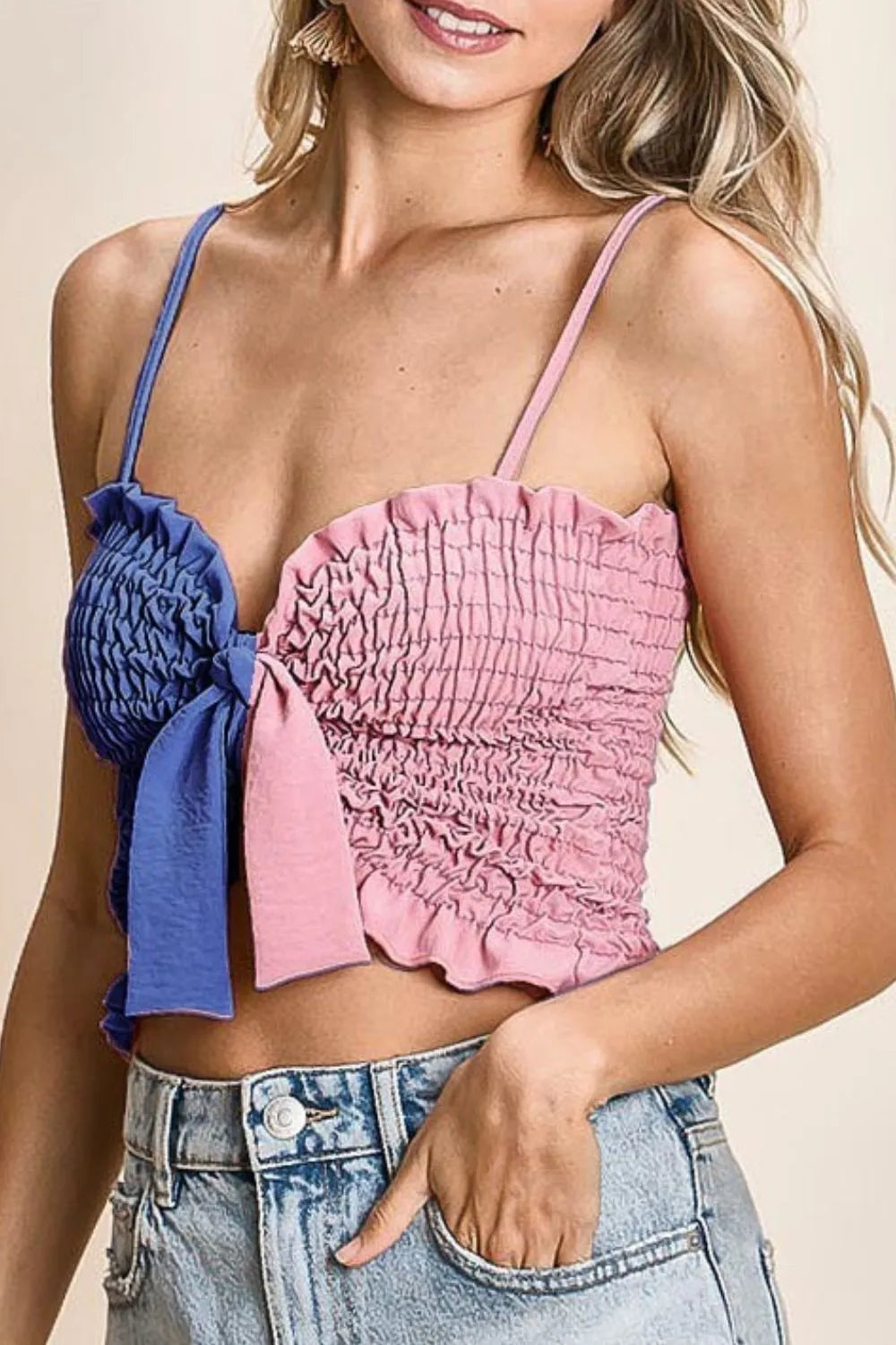 BiBi Woven Color Block Smocked with Ribbon Bra Top DENIM ROSE