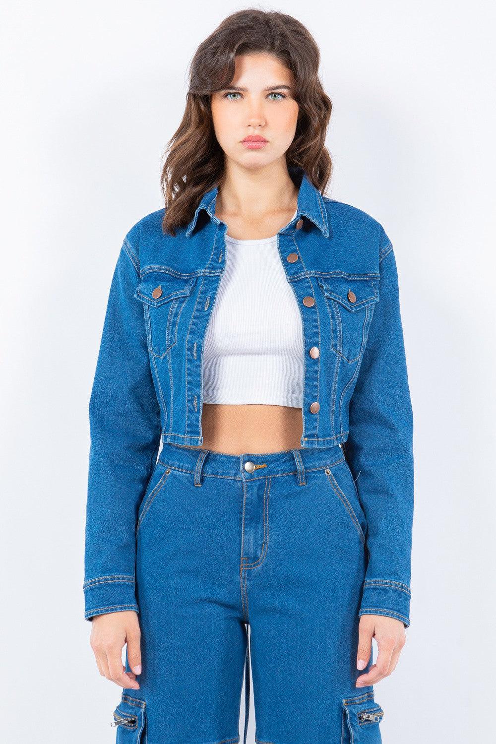American Bazi Laced Back Cropped Denim Jacket Blue