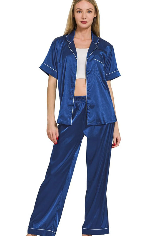 Zenana Satin Short Sleeve Top and Pants Pajama Set LT NAVY