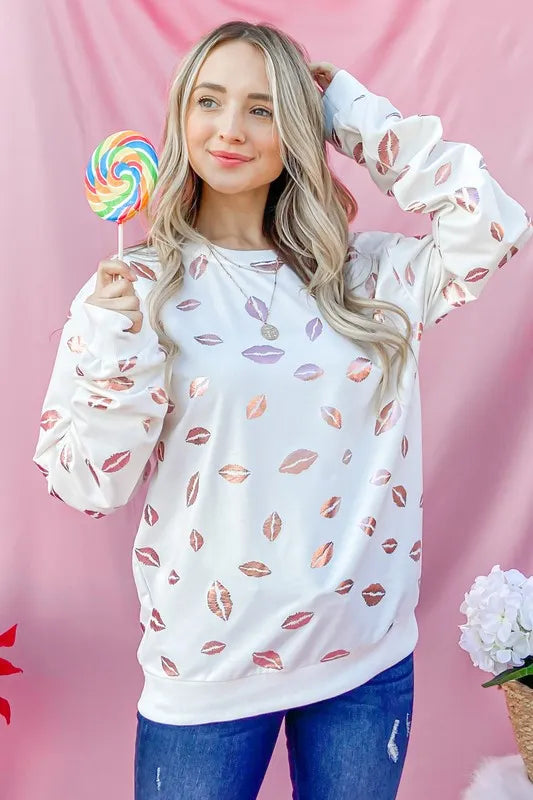 And The Why Kiss Pink Foil Allover Print Pullover Sweatshirts