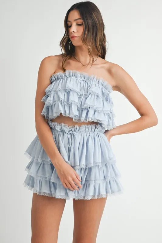 MABLE Ruffle Layered Crop Top and Mini Skirt Set
