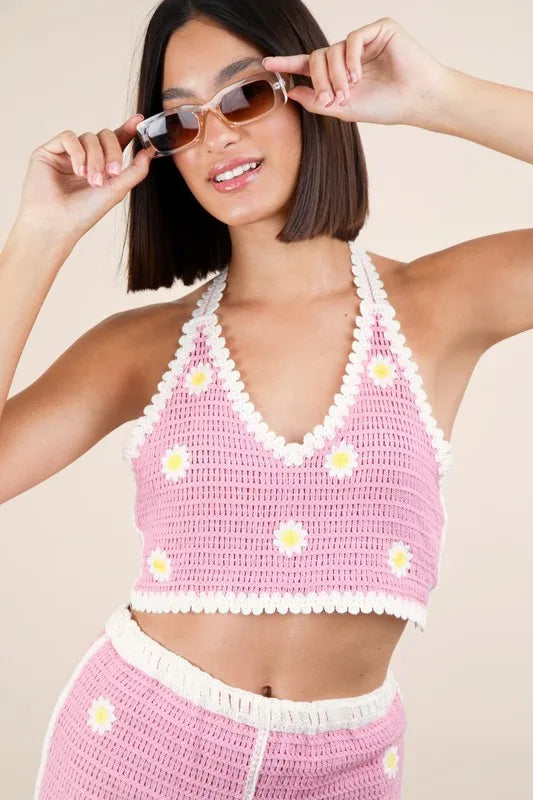 VERY J Floral Crochet Top and Shorts Set