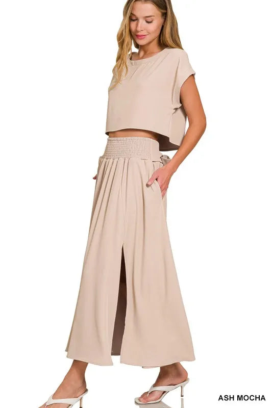 Zenana Heavy Woven Span Crop Tee & Skirt Set