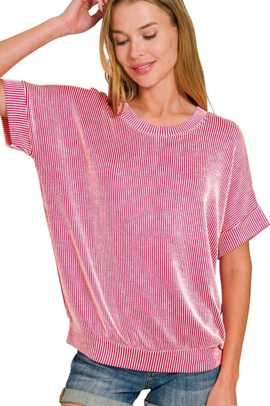 Zenana Corded Rib Short Sleeve T-Shirt HOT PINK