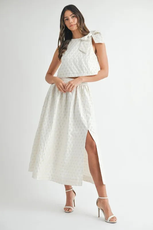 MABLE Taffeta Polka Dot Shoulder Ribbon Top and Skirt Set