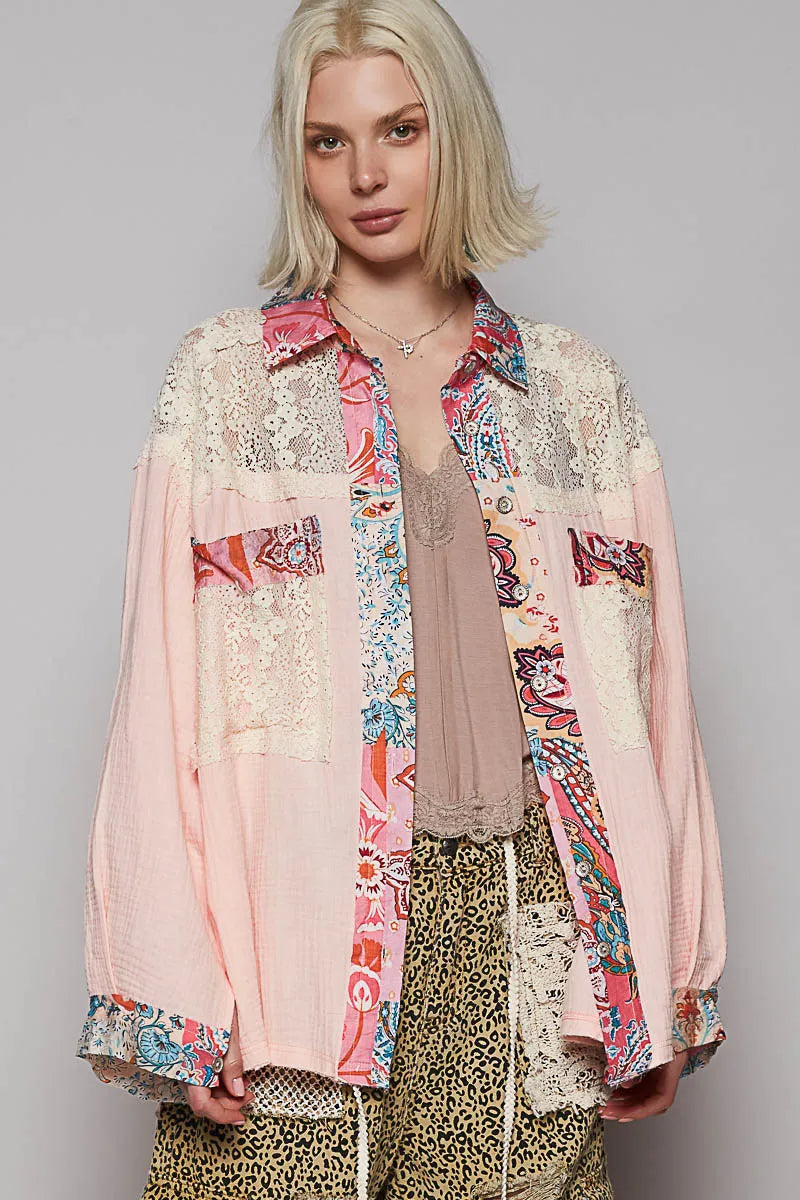 POL Lace Patchwork Floral Trim Long Sleeve Shirt Blush Pink