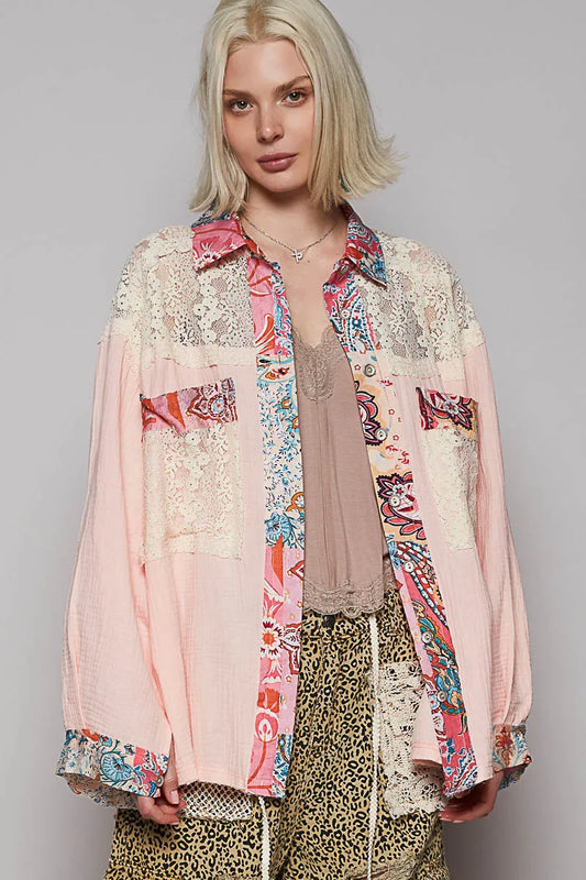 POL Lace Patchwork Floral Trim Long Sleeve Shirt Blush Pink