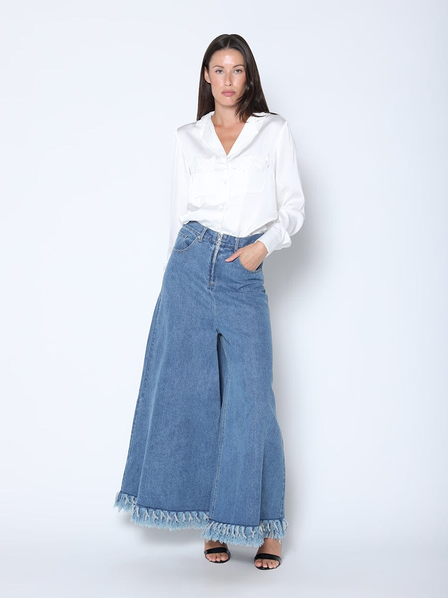 Frayed Raw Hem Wide Leg Slouchy Denim Pants