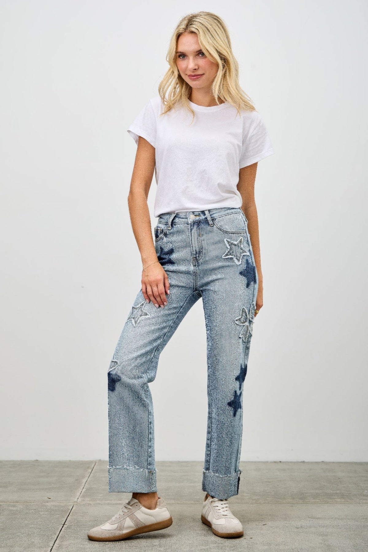 High Rise Star & Heart Patched Dad Jean W/stretch