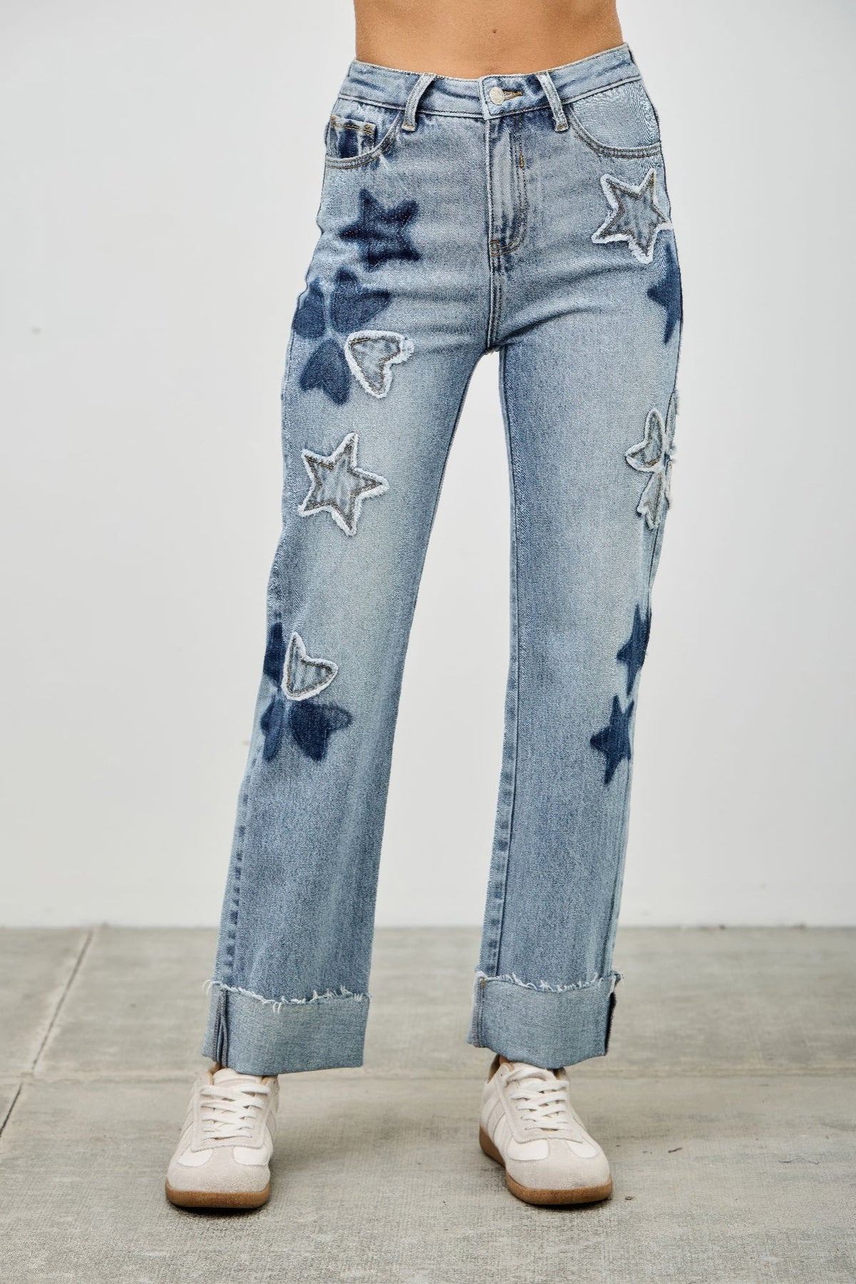High Rise Star & Heart Patched Dad Jean W/stretch