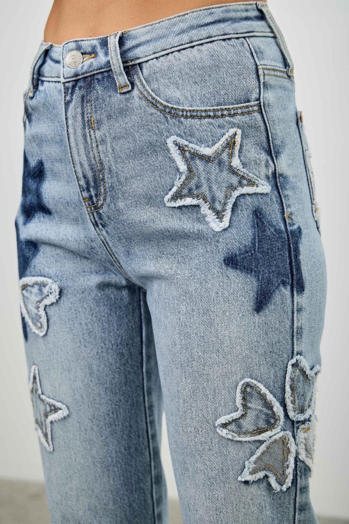 High Rise Star & Heart Patched Dad Jean W/stretch