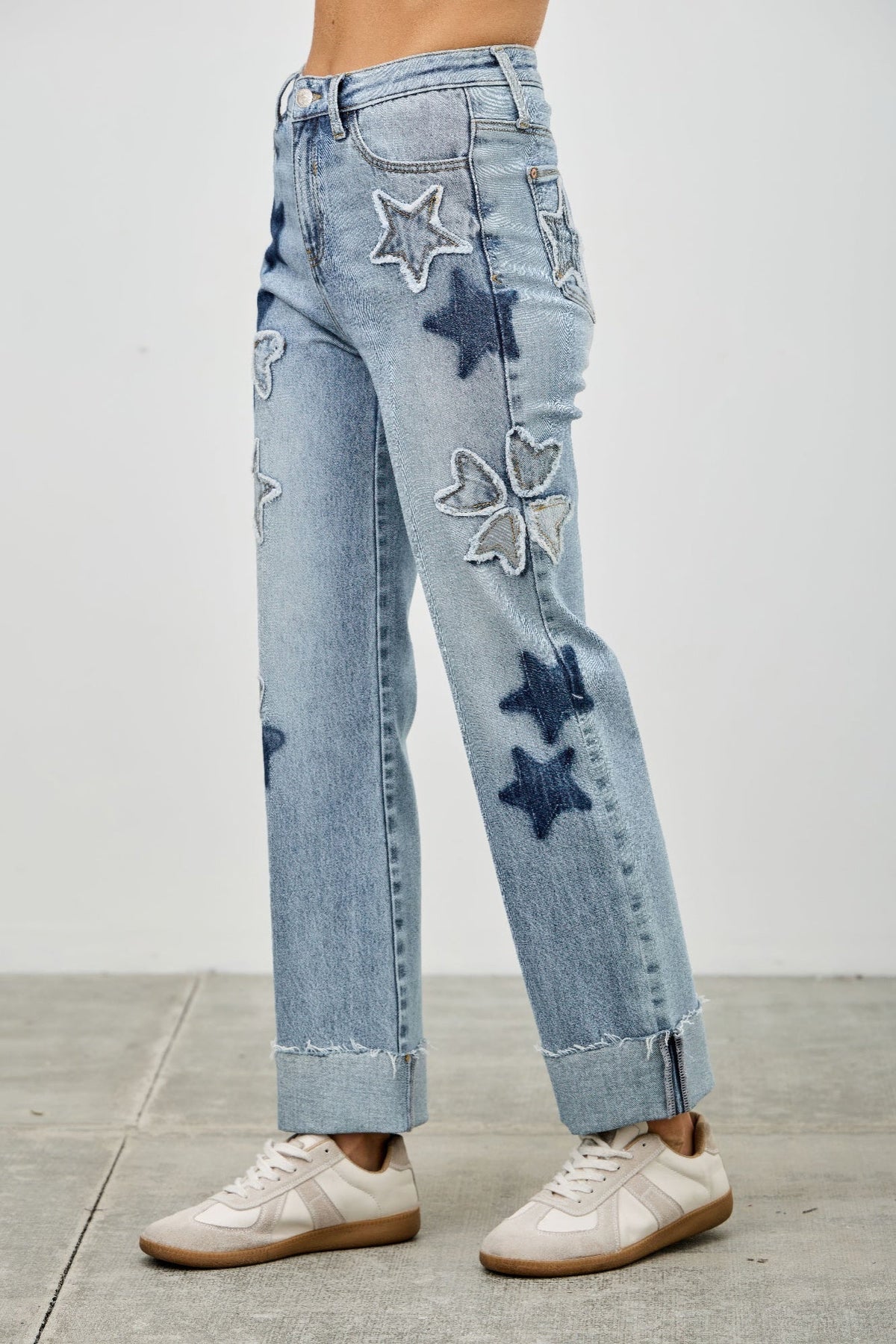 High Rise Star & Heart Patched Dad Jean W/stretch