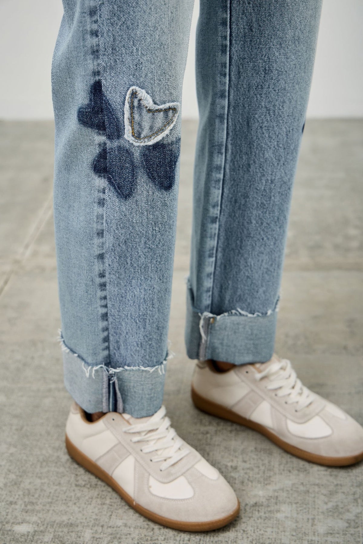 High Rise Star & Heart Patched Dad Jean W/stretch