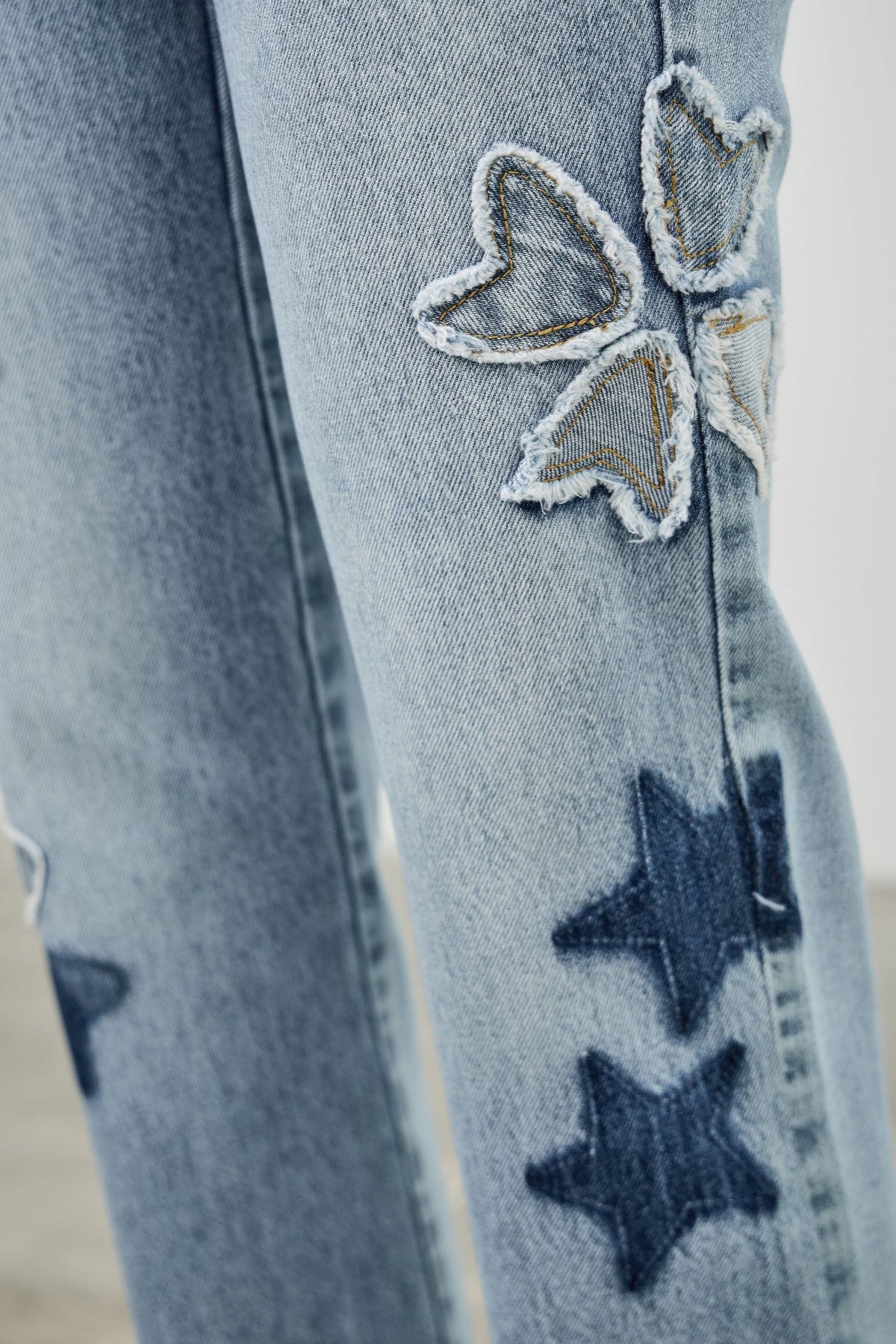 High Rise Star & Heart Patched Dad Jean W/stretch