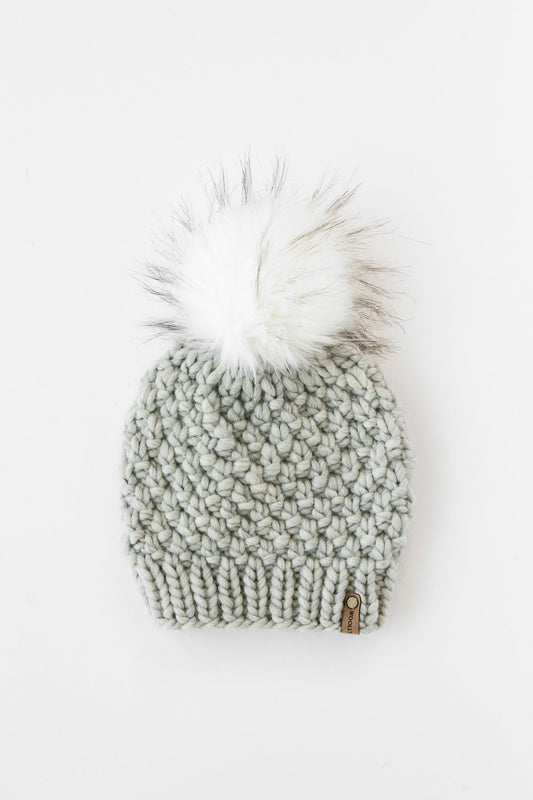 Light Gray Peruvian Wool Knit Hat with Faux Fur Pom Pom
