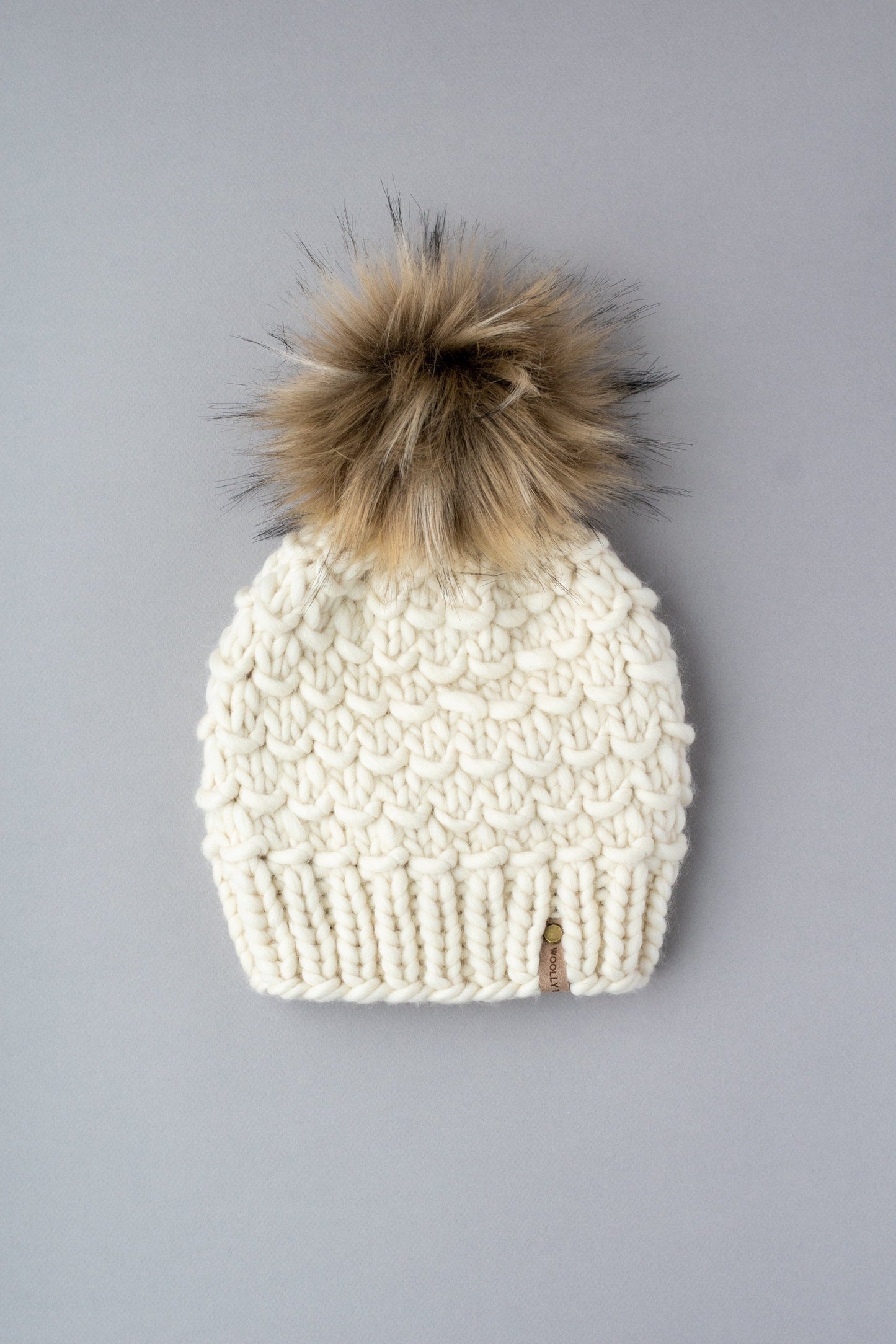 Ivory Peruvian Wool Knit Hat with Faux Fur Pom Pom