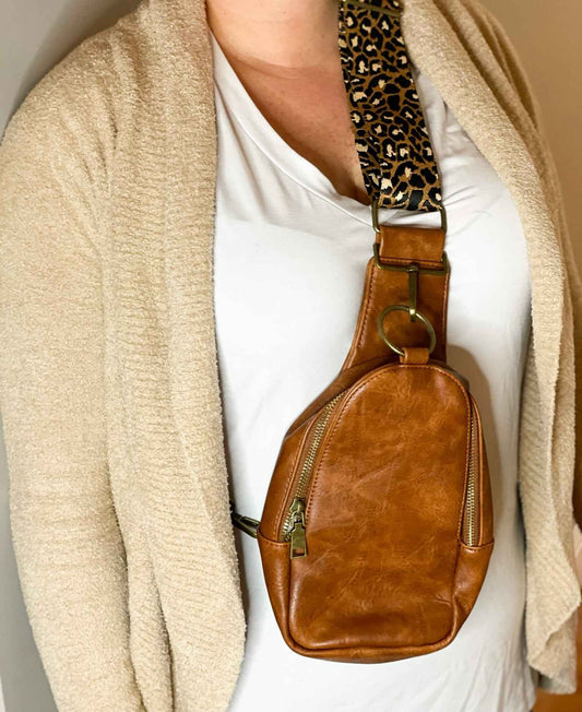 The Isla Sling Bag with Guitar Strap | Dark Brown with Leopard Strap