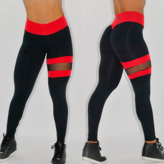BUTT SCRUNCH LEG BAND RED AND BLACK LEGGINGS - High Waist Workout Leggings for Women