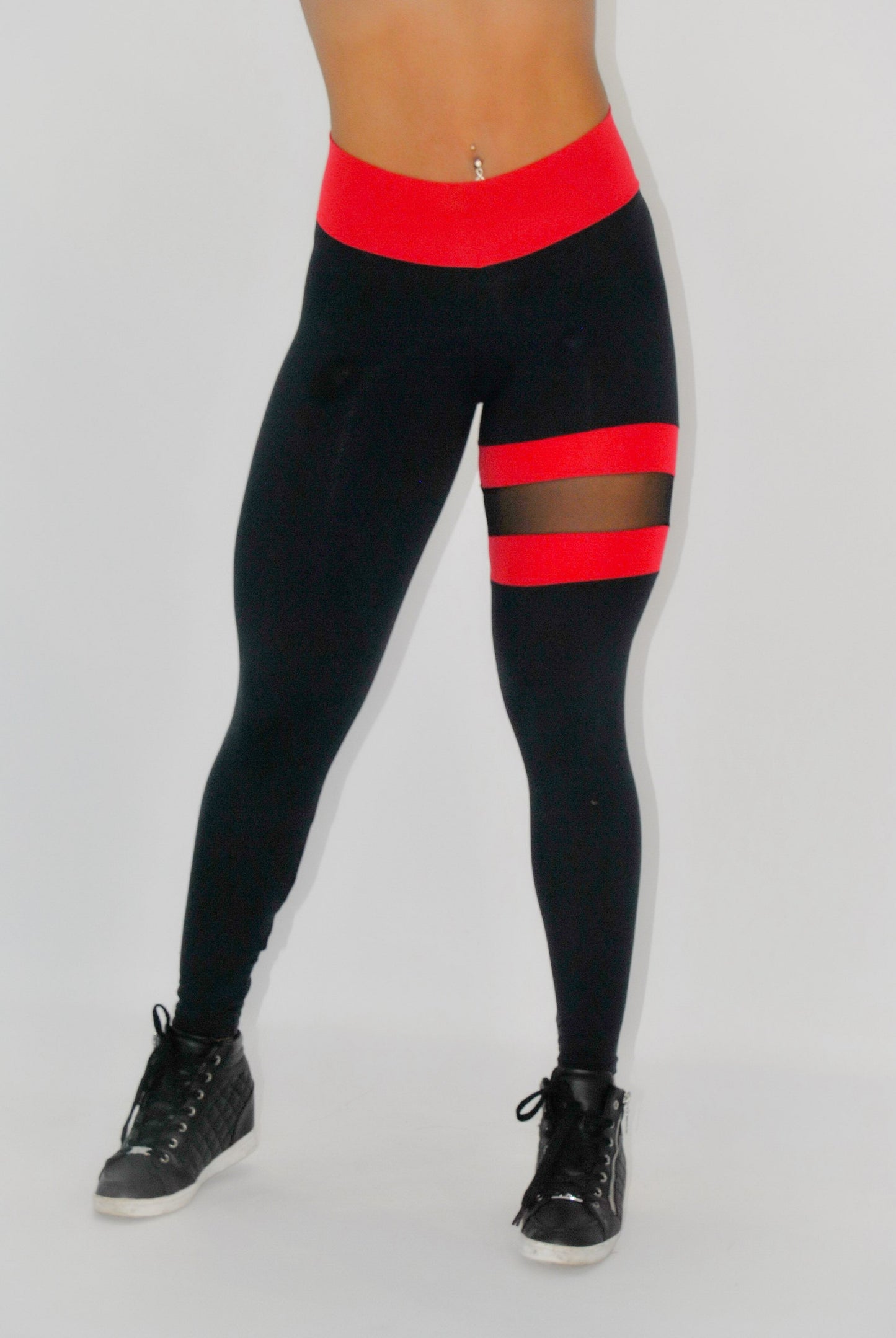 BUTT SCRUNCH LEG BAND RED AND BLACK LEGGINGS - High Waist Workout Leggings for Women
