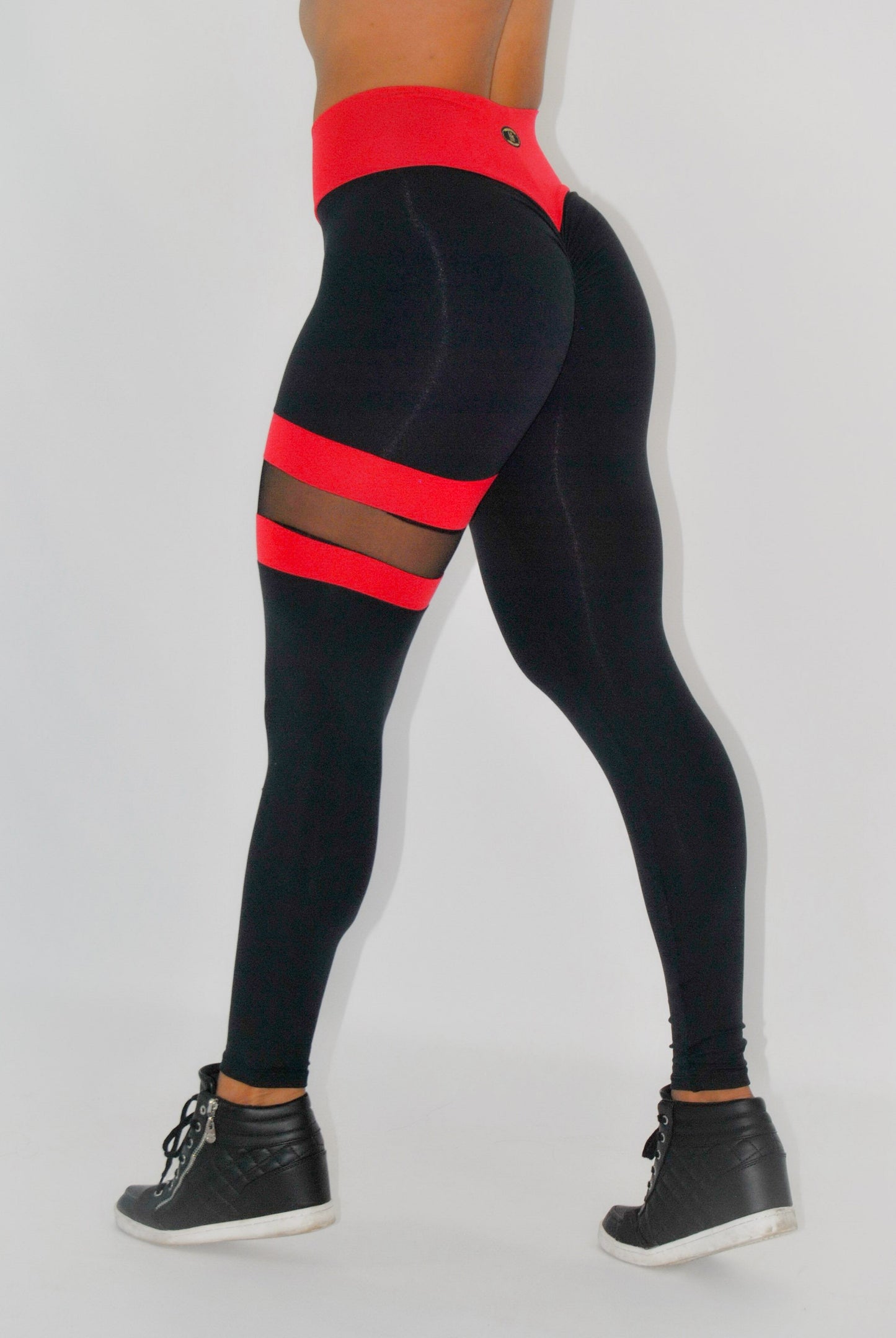 BUTT SCRUNCH LEG BAND RED AND BLACK LEGGINGS - High Waist Workout Leggings for Women