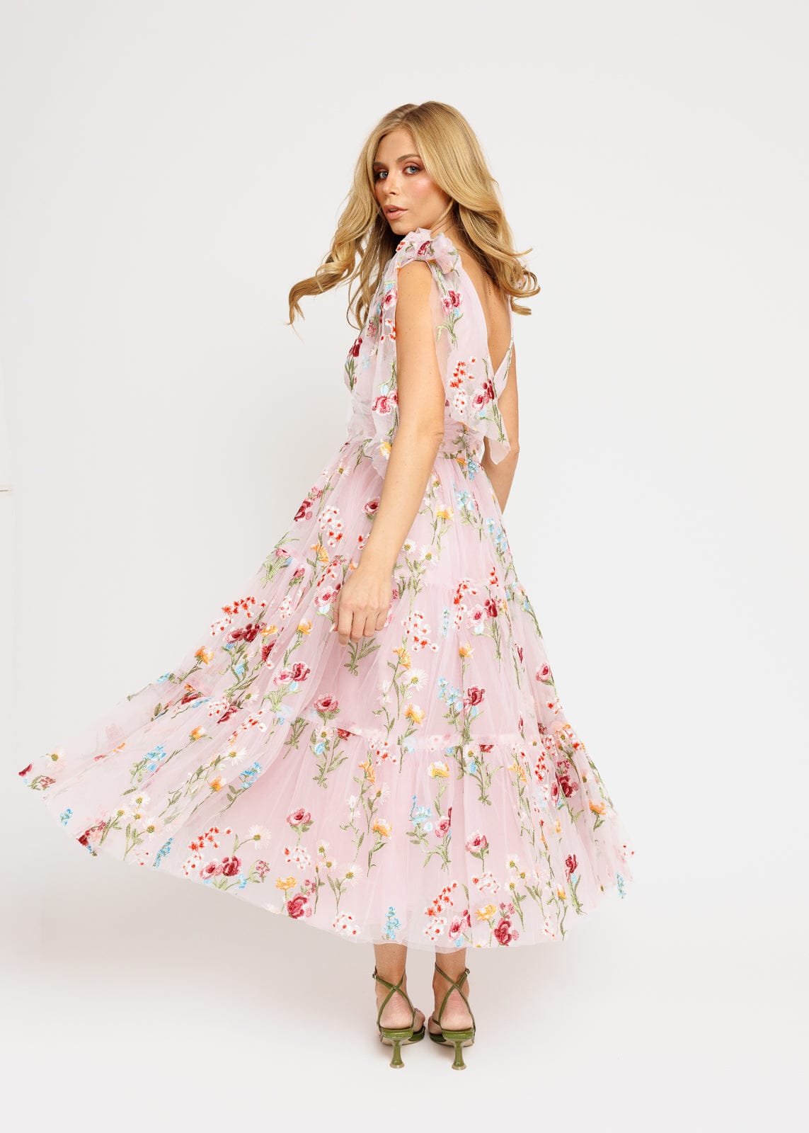 Margaret Floral Embroidered Midi Dress Pink