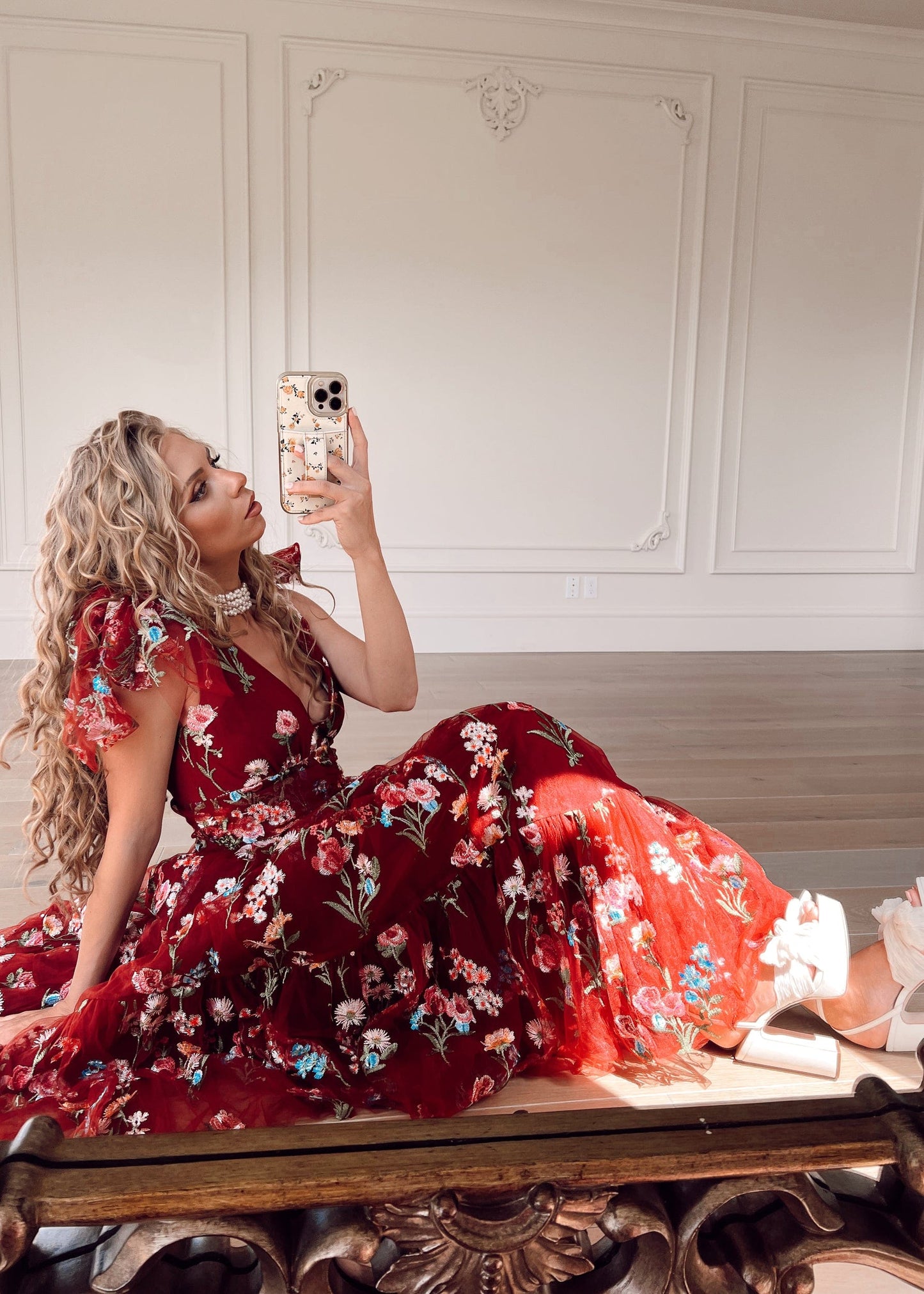 Margaret Floral Midi Dress Red