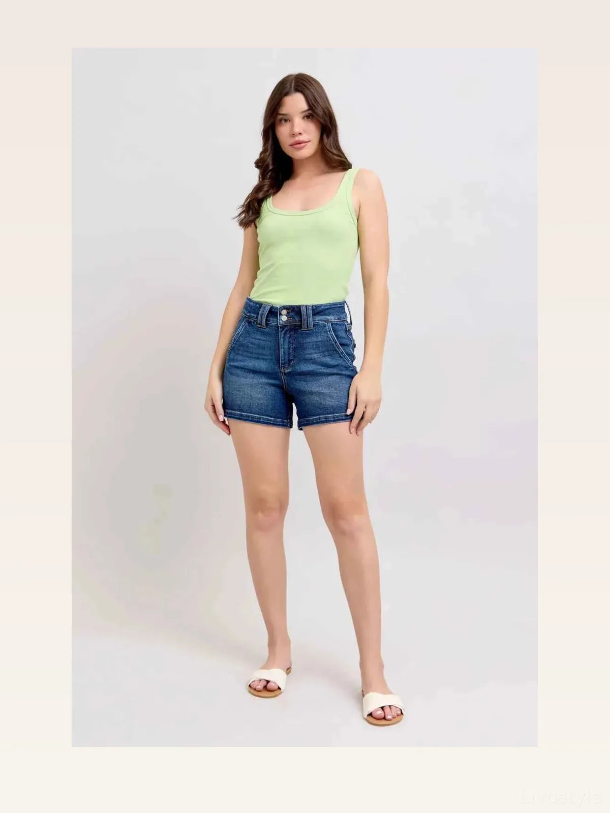 Double Button Waistband Denim Shorts