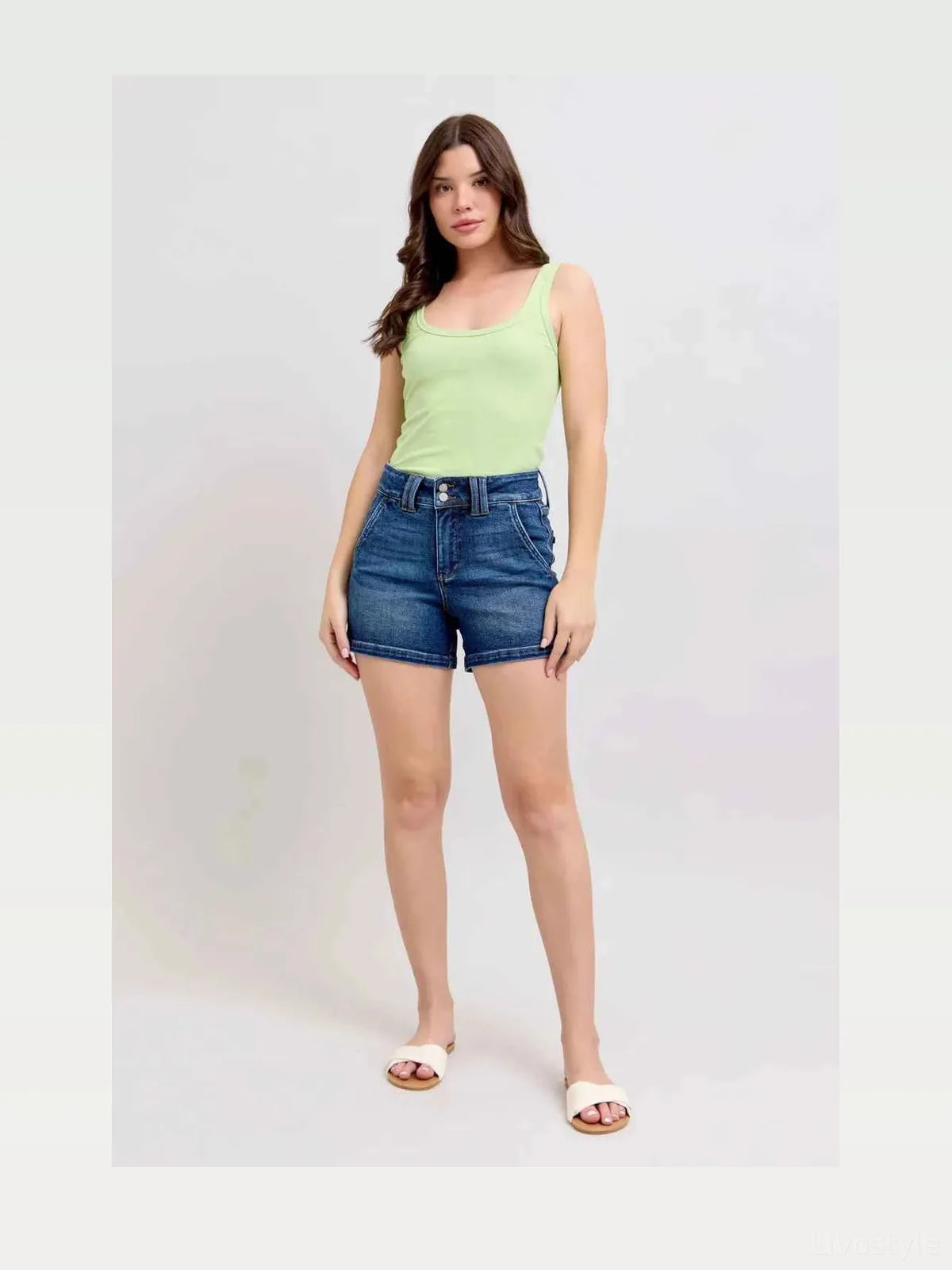 Double Button Waistband Denim Shorts