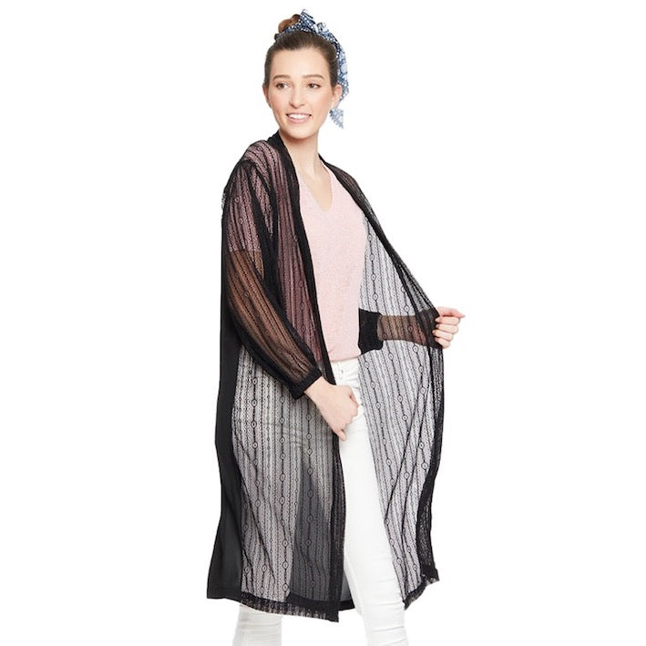Lace Detail Long Sleeve Sheer Accent Kimono Poncho Beachwear