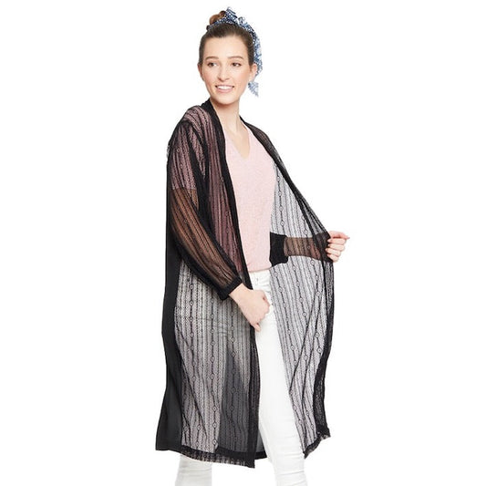 Lace Detail Long Sleeve Sheer Accent Kimono Poncho Beachwear