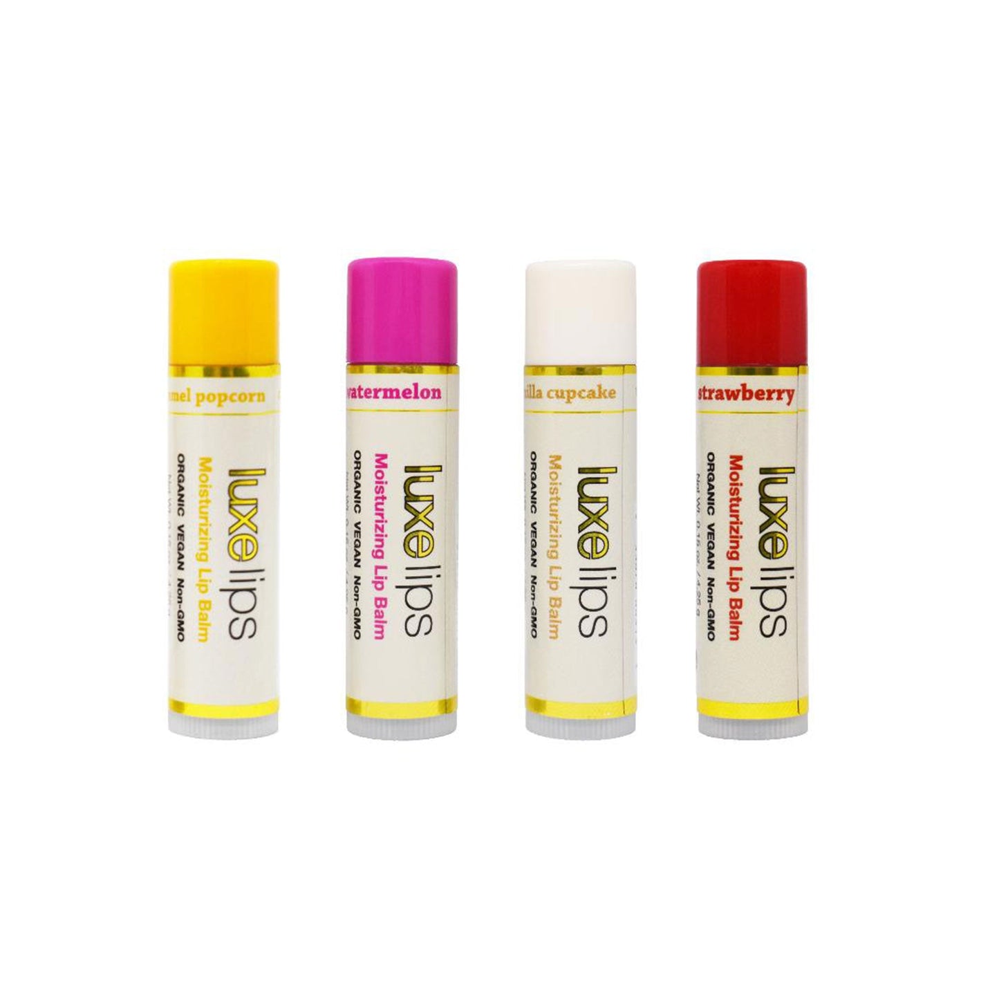 Luxe Lips 4 Pack: Caramel Popcorn, Watermelon, Vanilla & Strawberry
