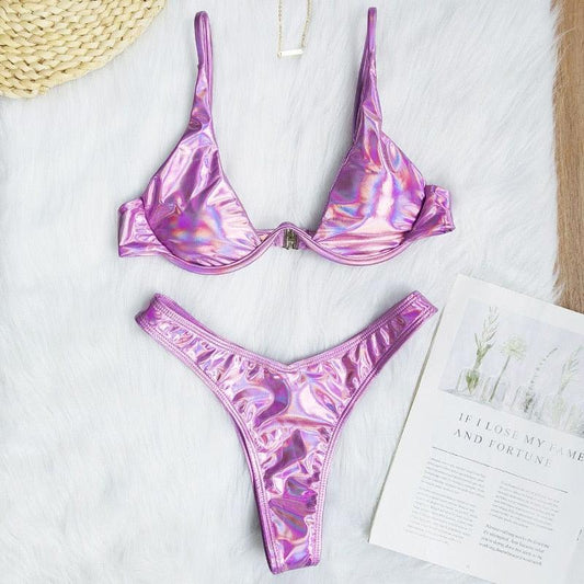 Neon V-bar Underwired Bikini Female Ribbed Swimsuit Women Swimwear Two-pieces Bikini set Push up Bathing Suit