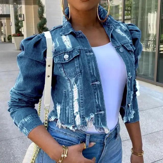 New Incredible Spring Women Sexy Ripped Denim Jackets Vintage Casual Short Jean Jacket Puff Sleeve Winter Female Coat Streetwear