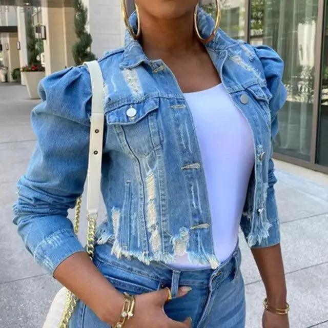 New Incredible Spring Women Sexy Ripped Denim Jackets Vintage Casual Short Jean Jacket Puff Sleeve Winter Female Coat Streetwear