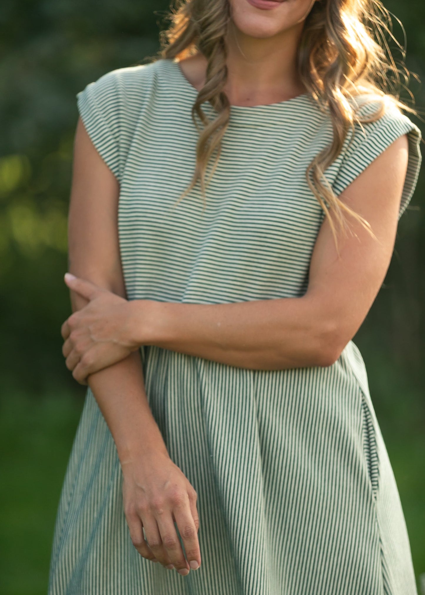 Olivia Green A-line Striped  Midi Dress