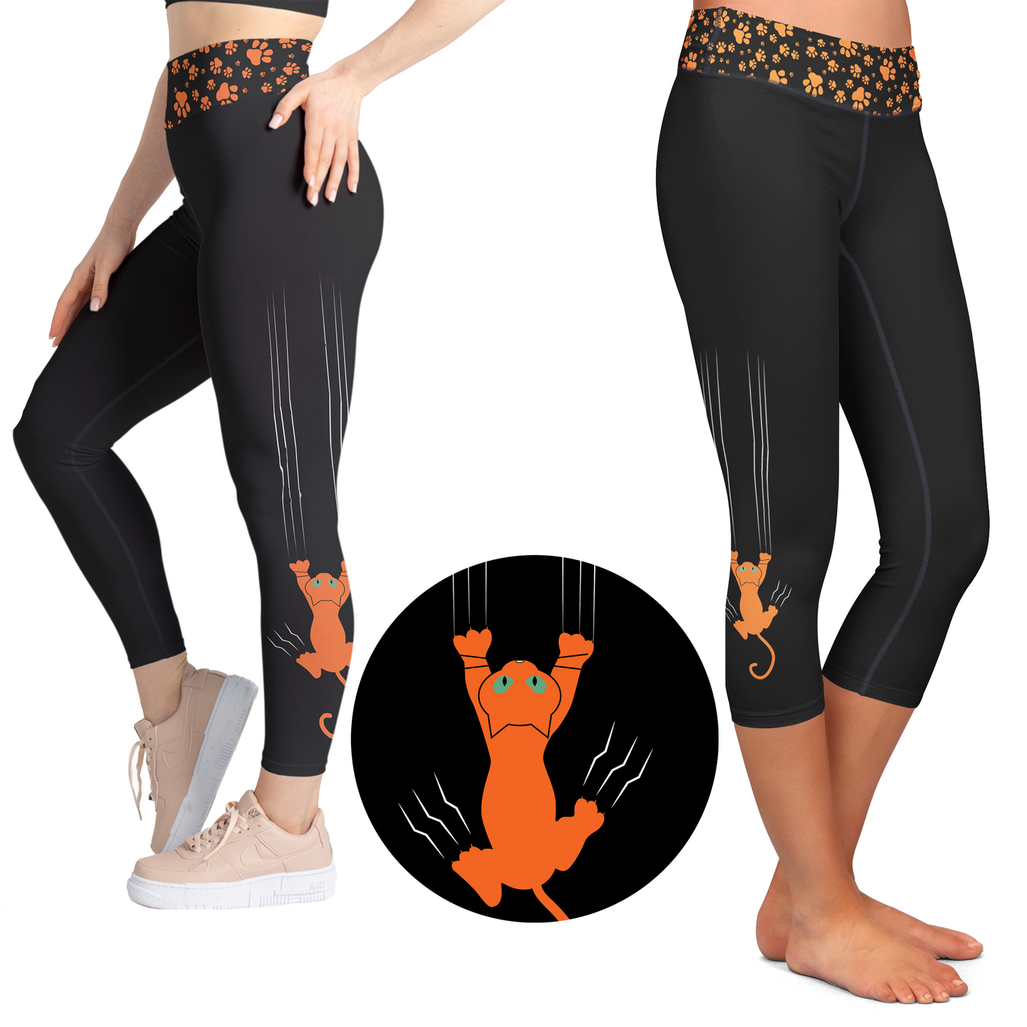 Orange Cat Leggings Scratch Kitty - Full Length or Capri  Pockets -  Pre-Order