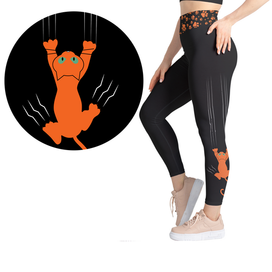 Orange Cat Leggings Scratch Kitty - Full Length or Capri  Pockets -  Pre-Order
