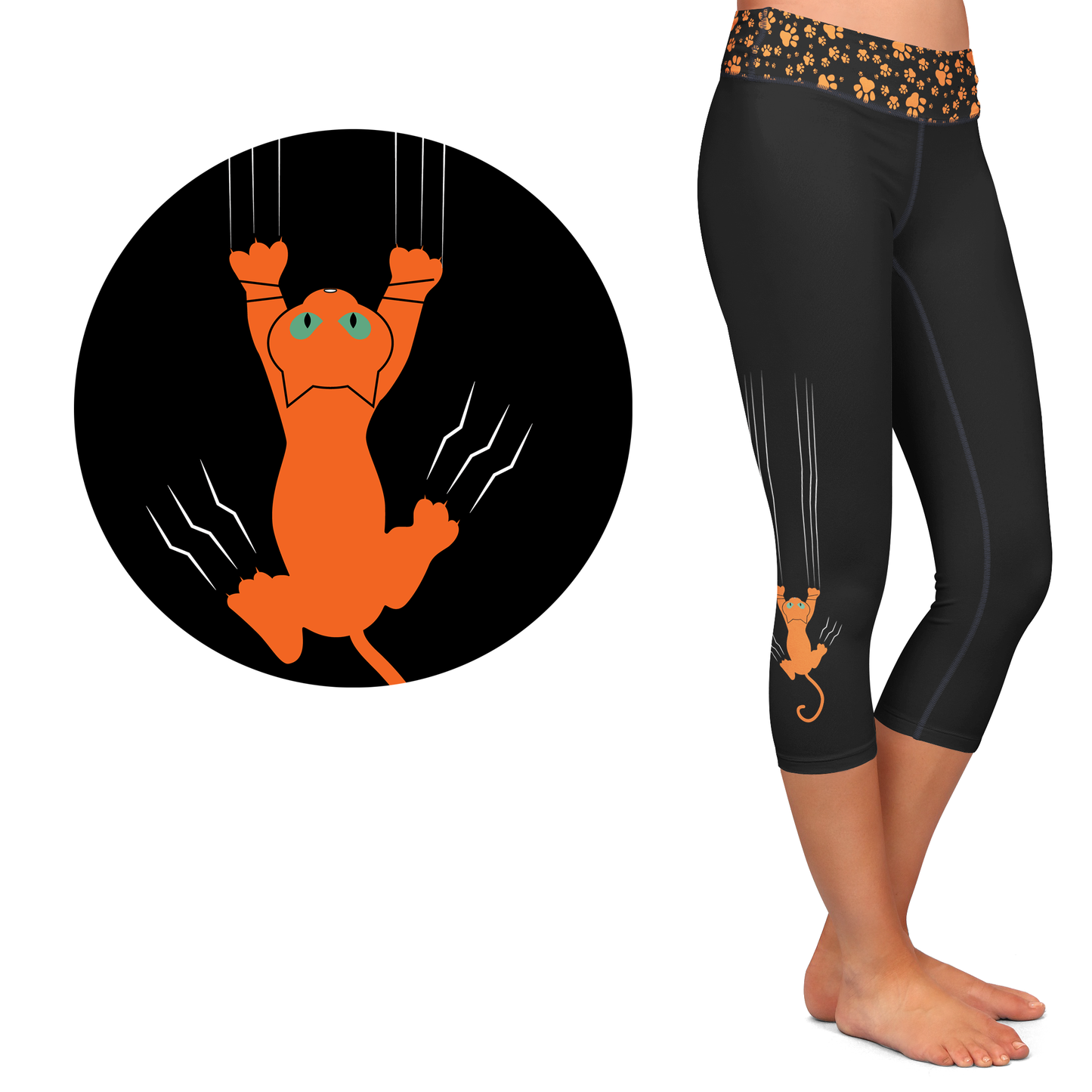 Orange Cat Leggings Scratch Kitty - Full Length or Capri  Pockets -  Pre-Order