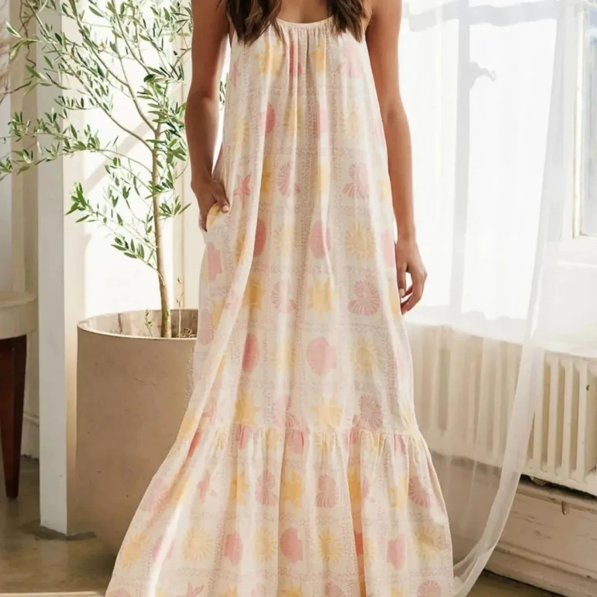 Printed Maxi Lounge Dress with Ruffled Hem