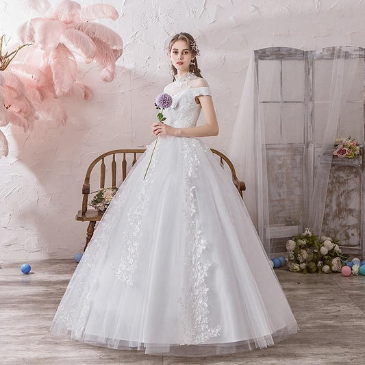 Vintage High Neck Luxury Wedding Dress with Short Sleeve