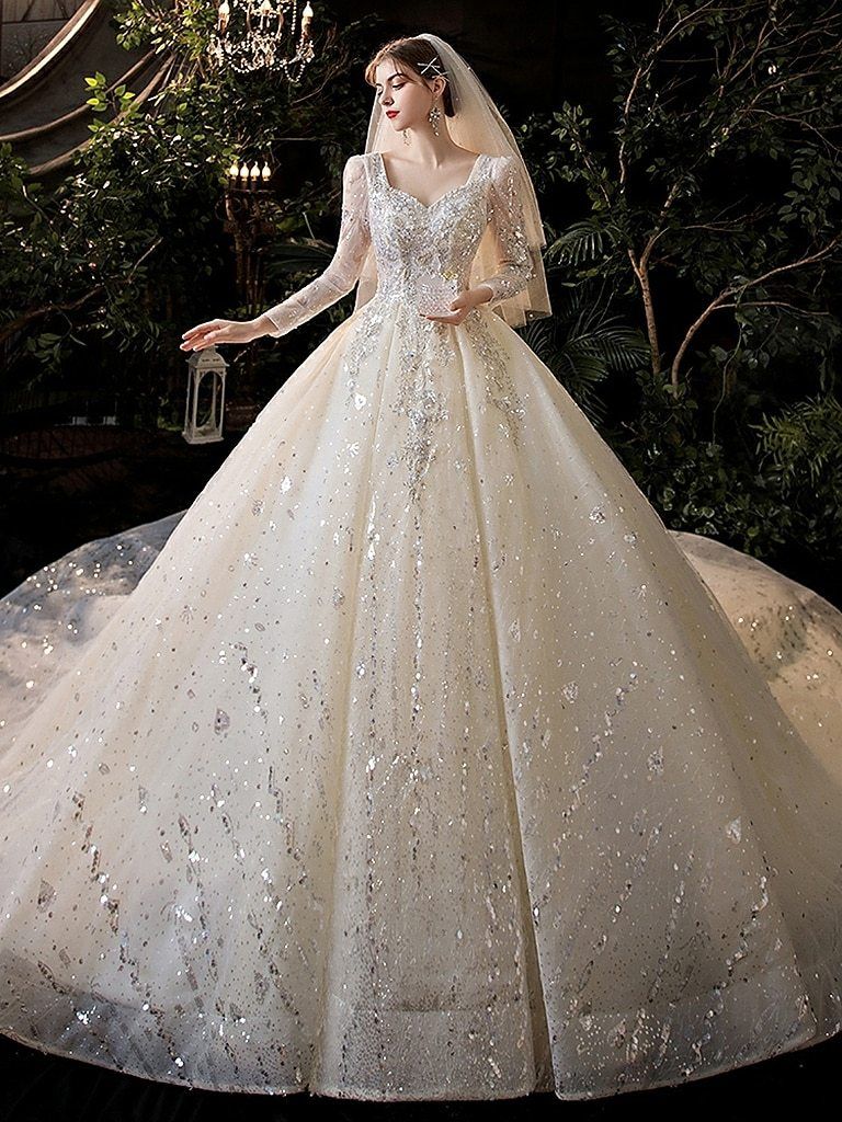 Luxury Princess Long Sleeves Wedding Dress with Crystal Sequined Lace