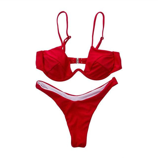 Push Up Unpadded Bikini Set Women 4 Colors Bandage Bikini Set Swimsuit Thong Bottom Swimwear Two Pieces Plain Bikini Bathing Suit Swimwear Bathing