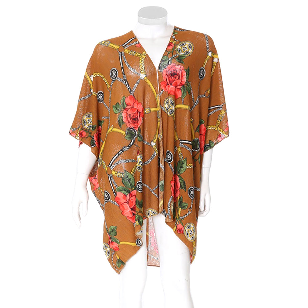 Rose Flower Chain Print Cover Up Kimono Poncho Beachwear
