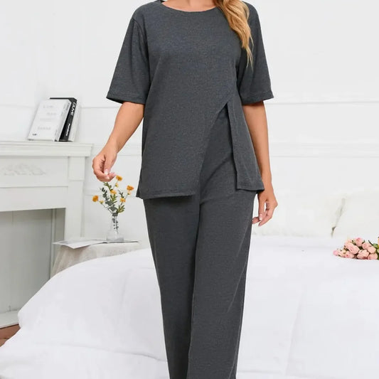 Slit Round Neck Top and Pants Lounge Set