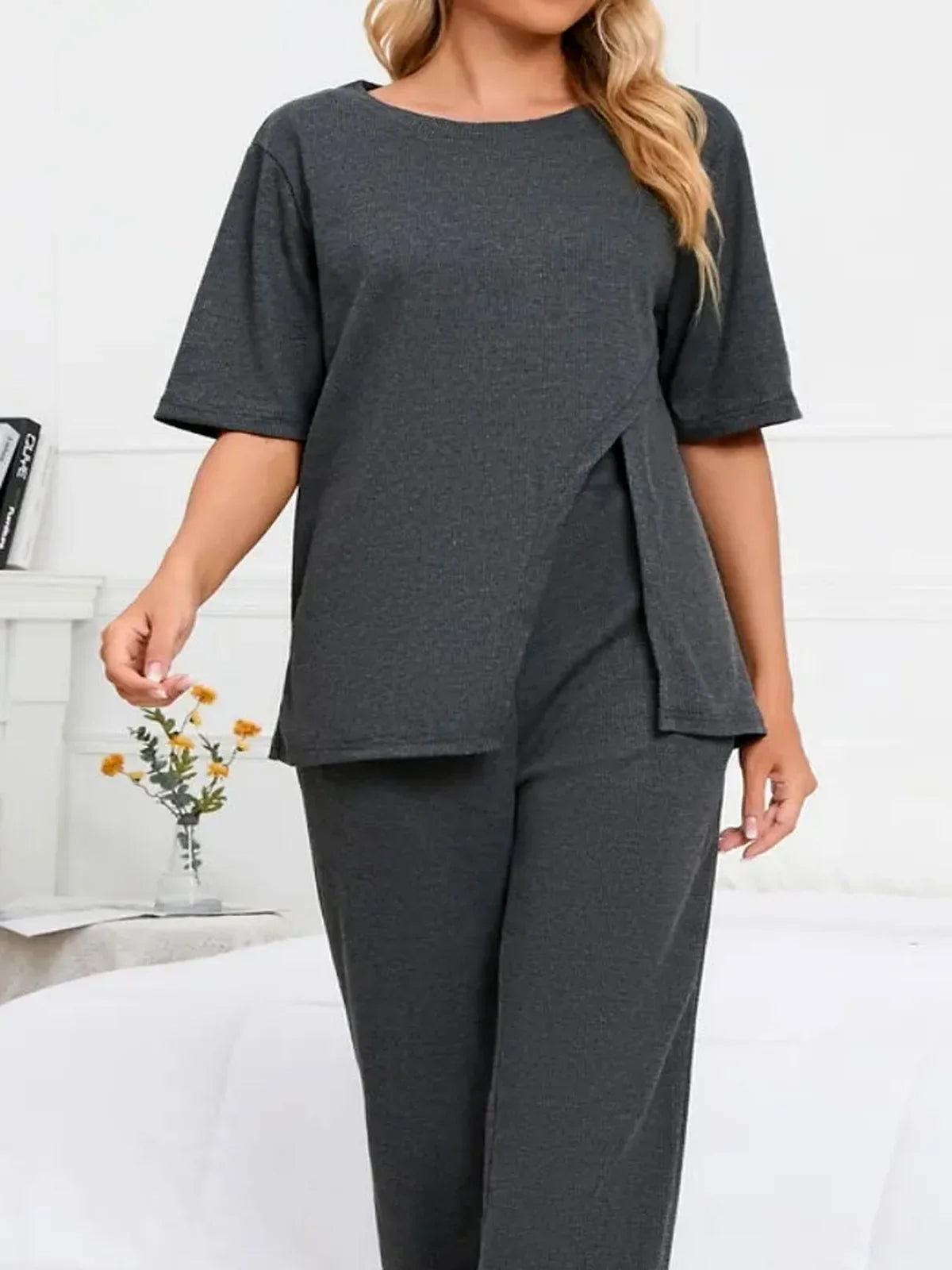Slit Round Neck Top and Pants Lounge Set