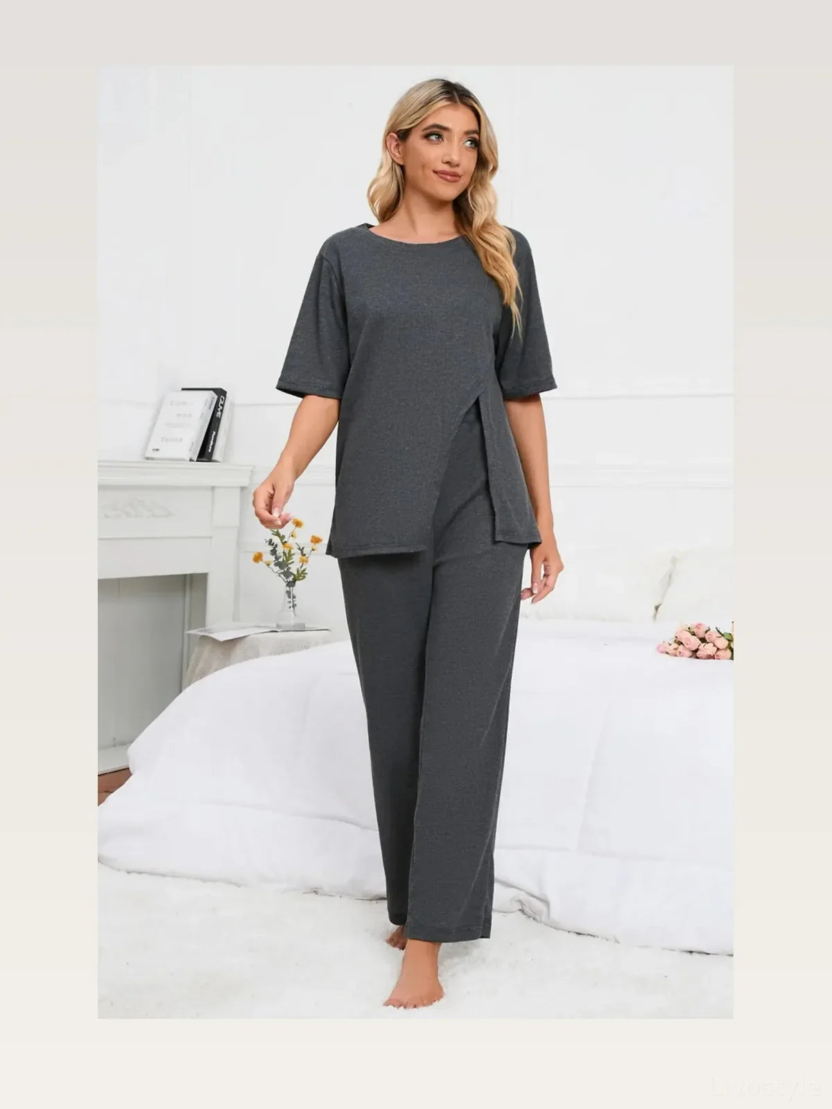Slit Round Neck Top and Pants Lounge Set