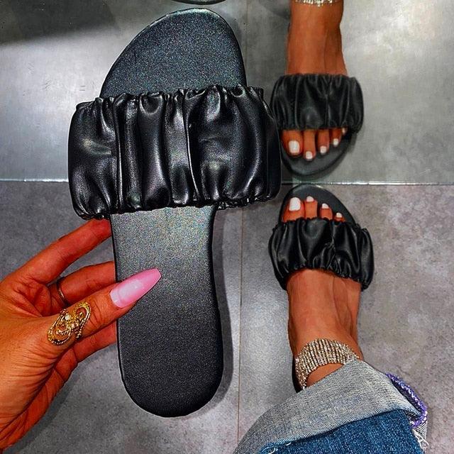 Summer Women Sandals Slippers Pleated Flip Flop Casual Beach Square Open Toe Shoes Outdoor Slippers Open Toe Flat Sandals Slip On Slide Sandals Strap Flat Sandals