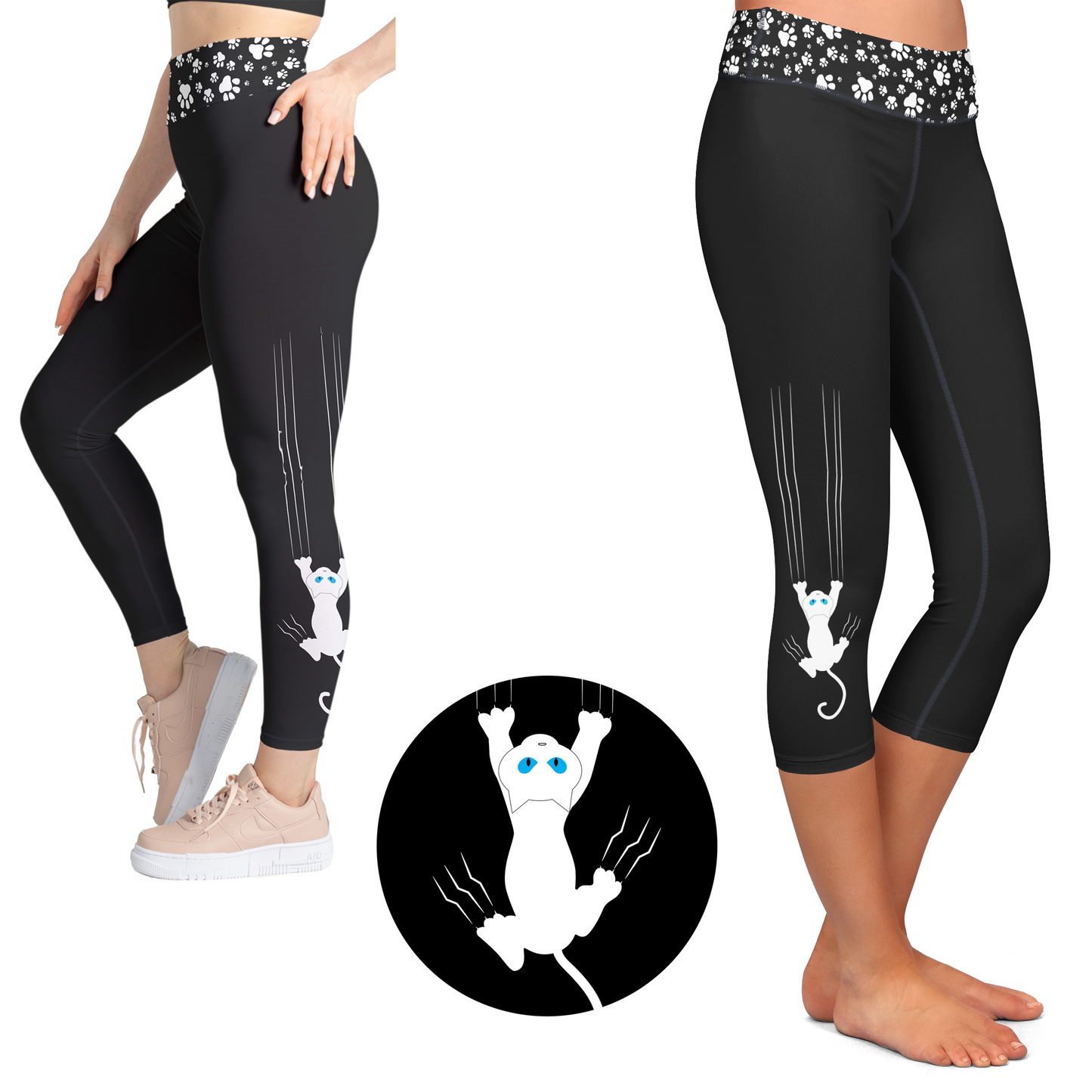 White Cat Scratch Hang Tight Kitty - Full Length or Capri  Pockets -  Pre-Order