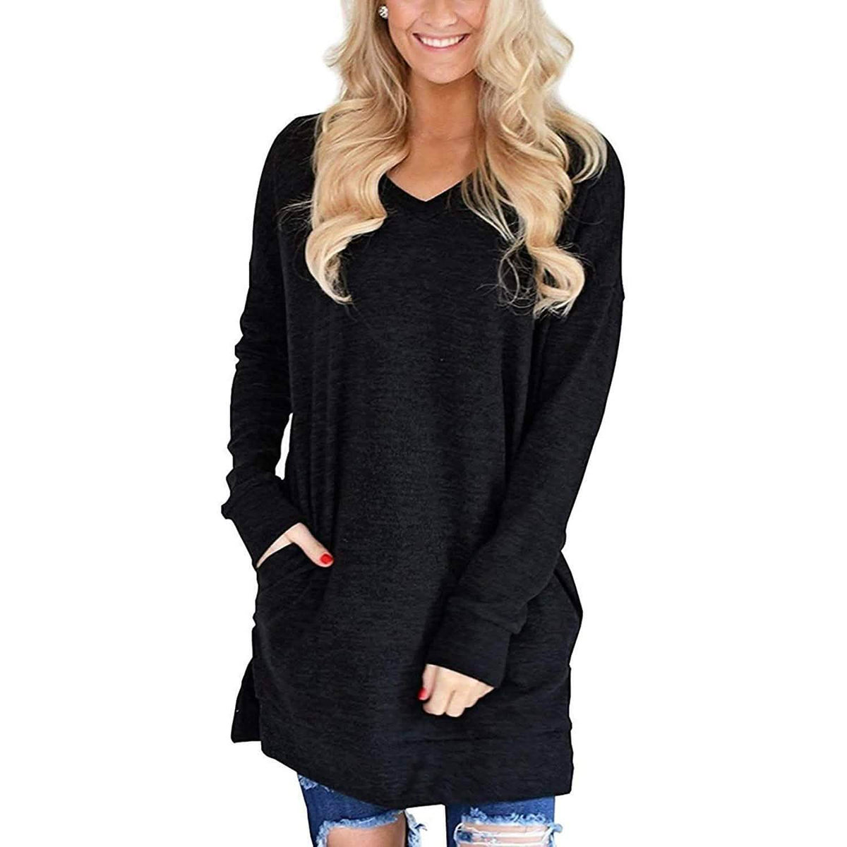 Womens Casual Long Sleeves Solid V-Neck Tunics Shirt Tops with Pockets