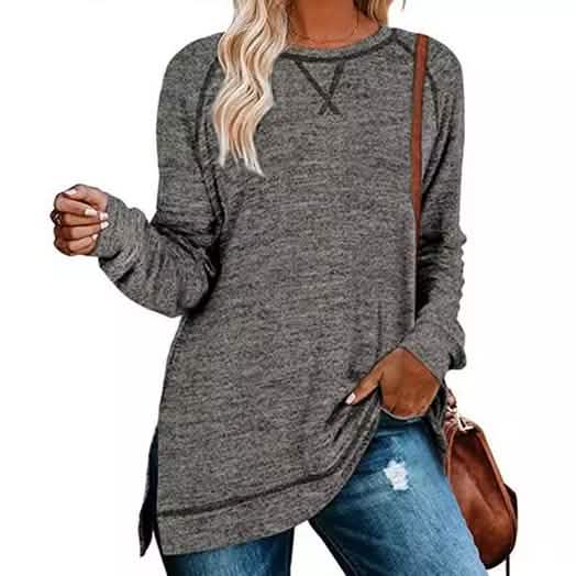 Women's Fall Long Sleeve Side Split Loose Casual Pullover Tunic Tops